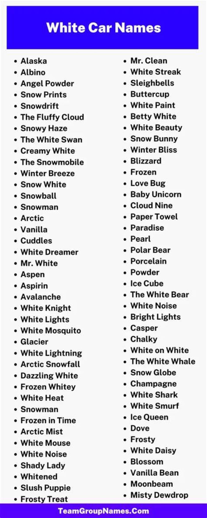White Car Names 90+ Names for a White Car &mdash; Find Nicknames